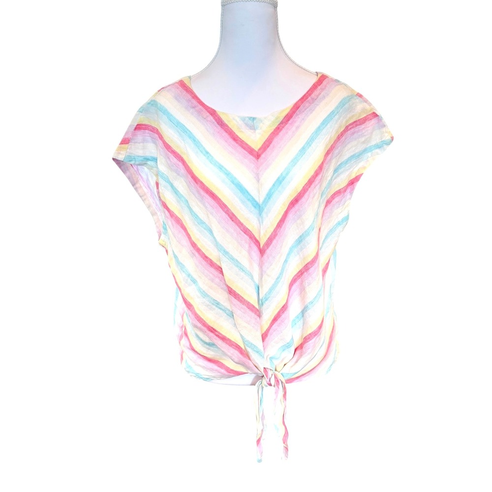 Charlie B. Chevron Stripe Tie-Front Top Large Pastel 100% Linen Lagenlook Resort